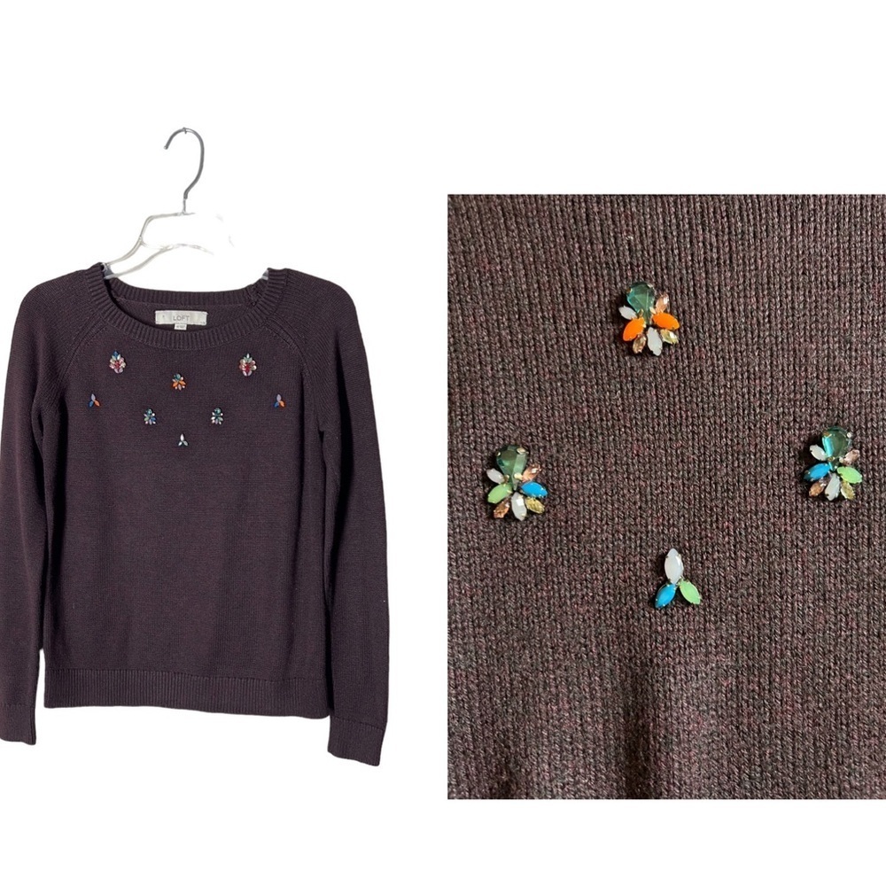 Loft Burgundy Crew Neck Sweater With Aplique Embellishment XS Like New